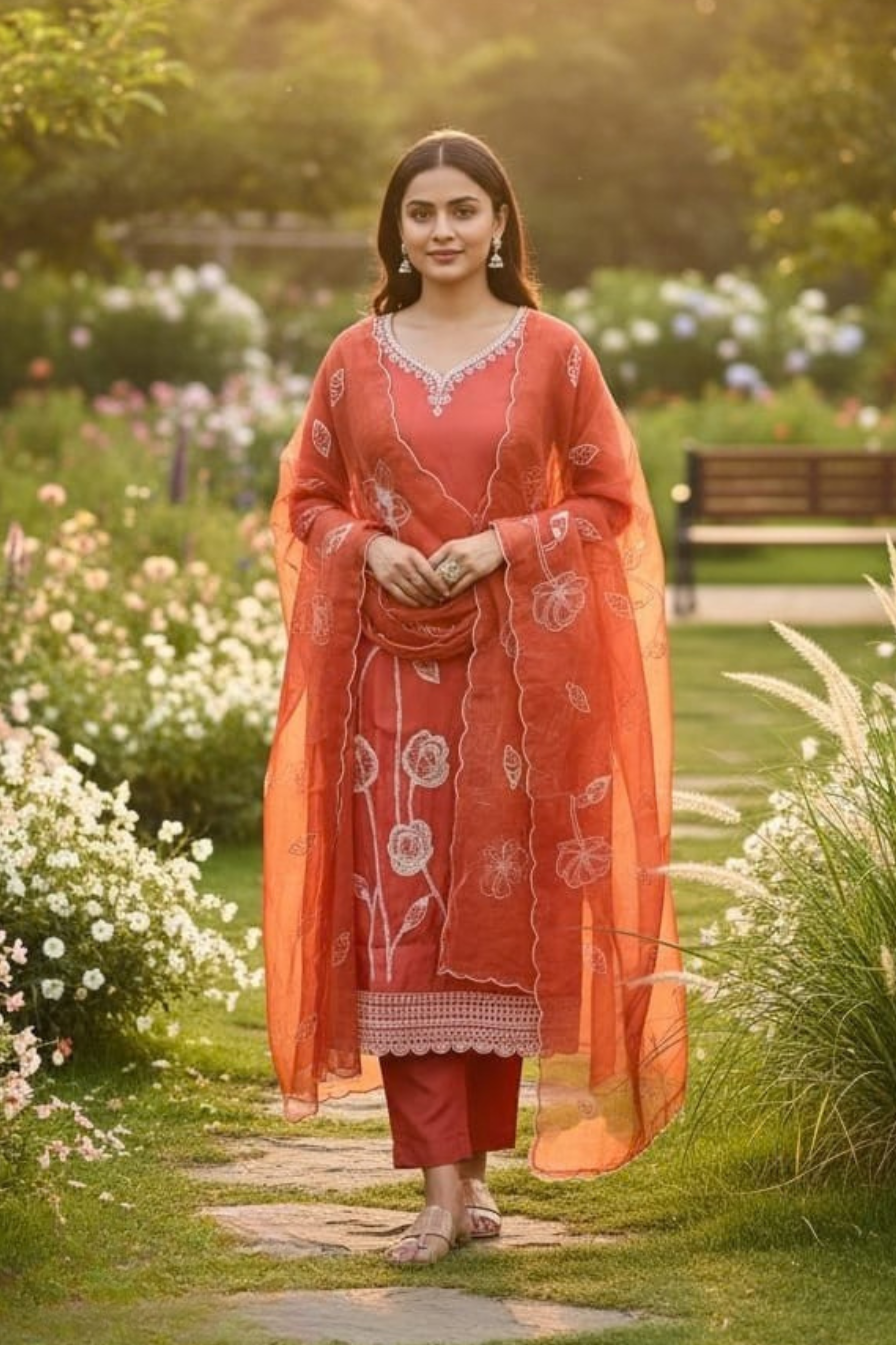 Sunset Orange Festive Imported Silk Party wear 3 pcs Kurti Set