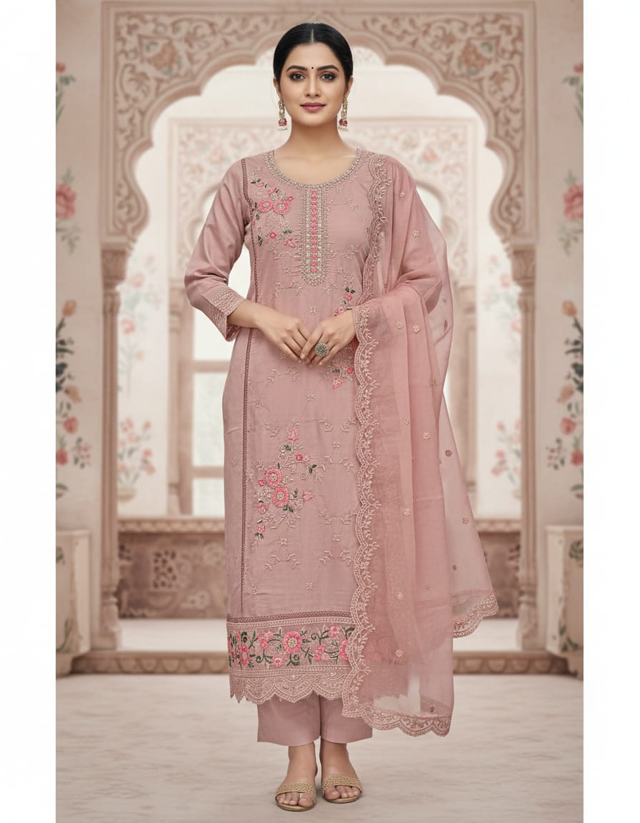 Party Wear Silk Cotton 3 Pcs Suit