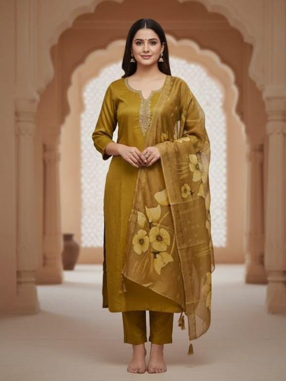 Grace Embroidered Silk Party wear Fabric 3 Pcs Kurti Set with Dupatta