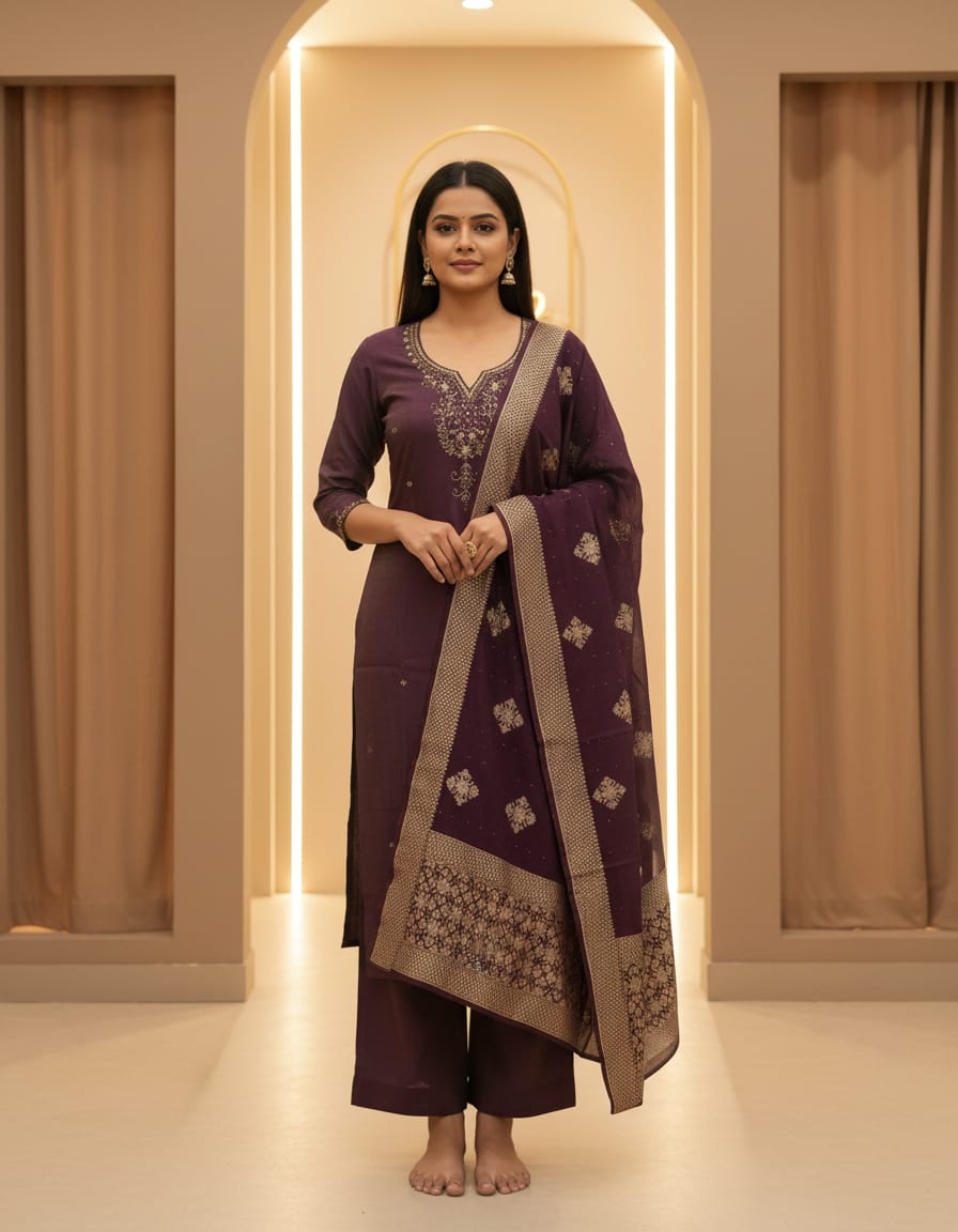 Wine Royal Embroidered Georgette Fabric 3pcs Party wear Kurti Set