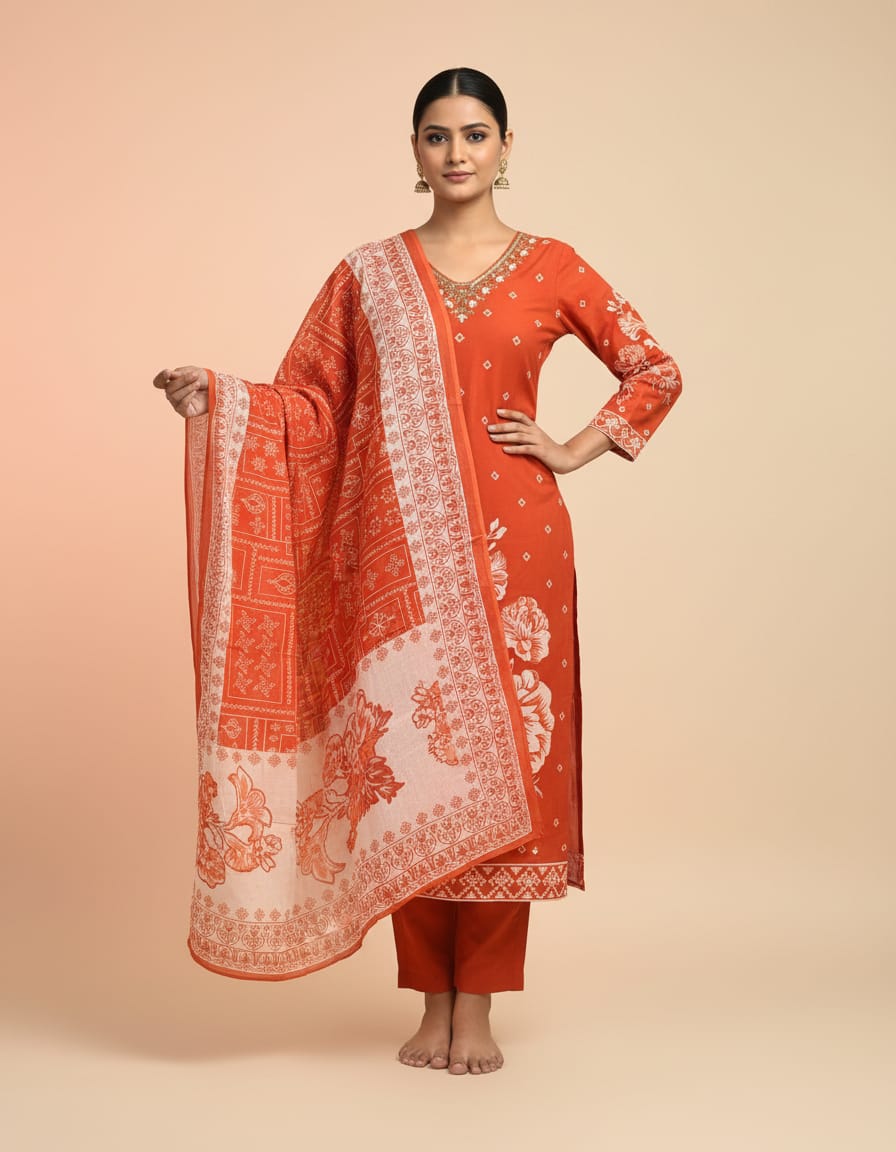 Rust Elegance 3 pcs Fine Cotton Kurti Set