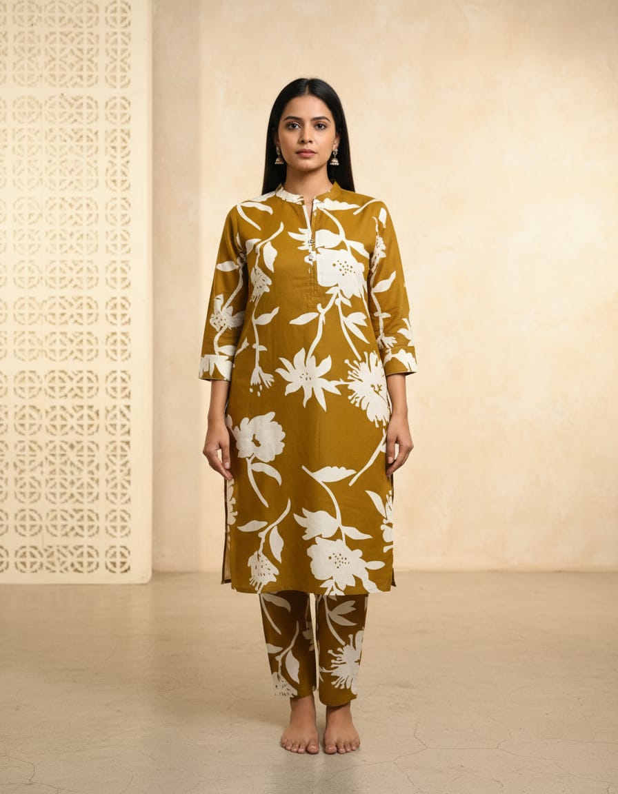 Mustard Bloom Khadi Cotton Cord Set