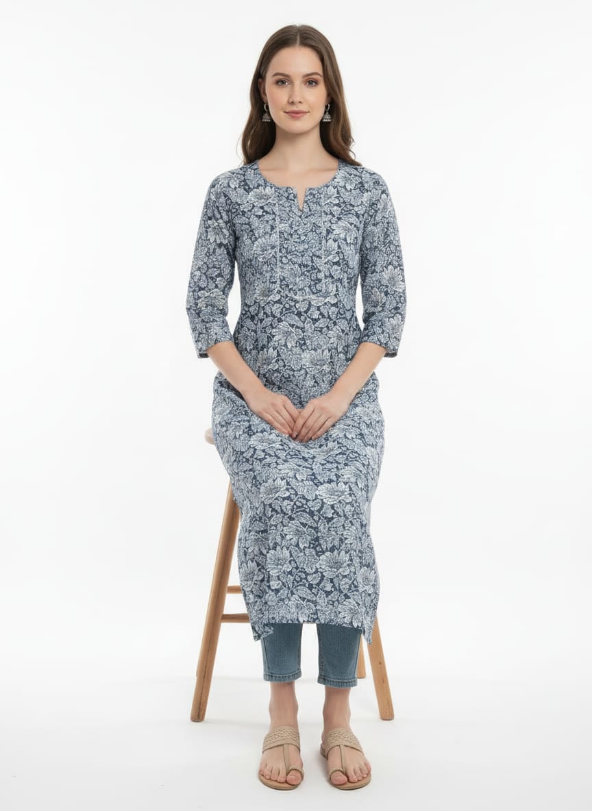 Indigo Bloom 3 pcs Cotton Kurti Set With Cut Dana Work