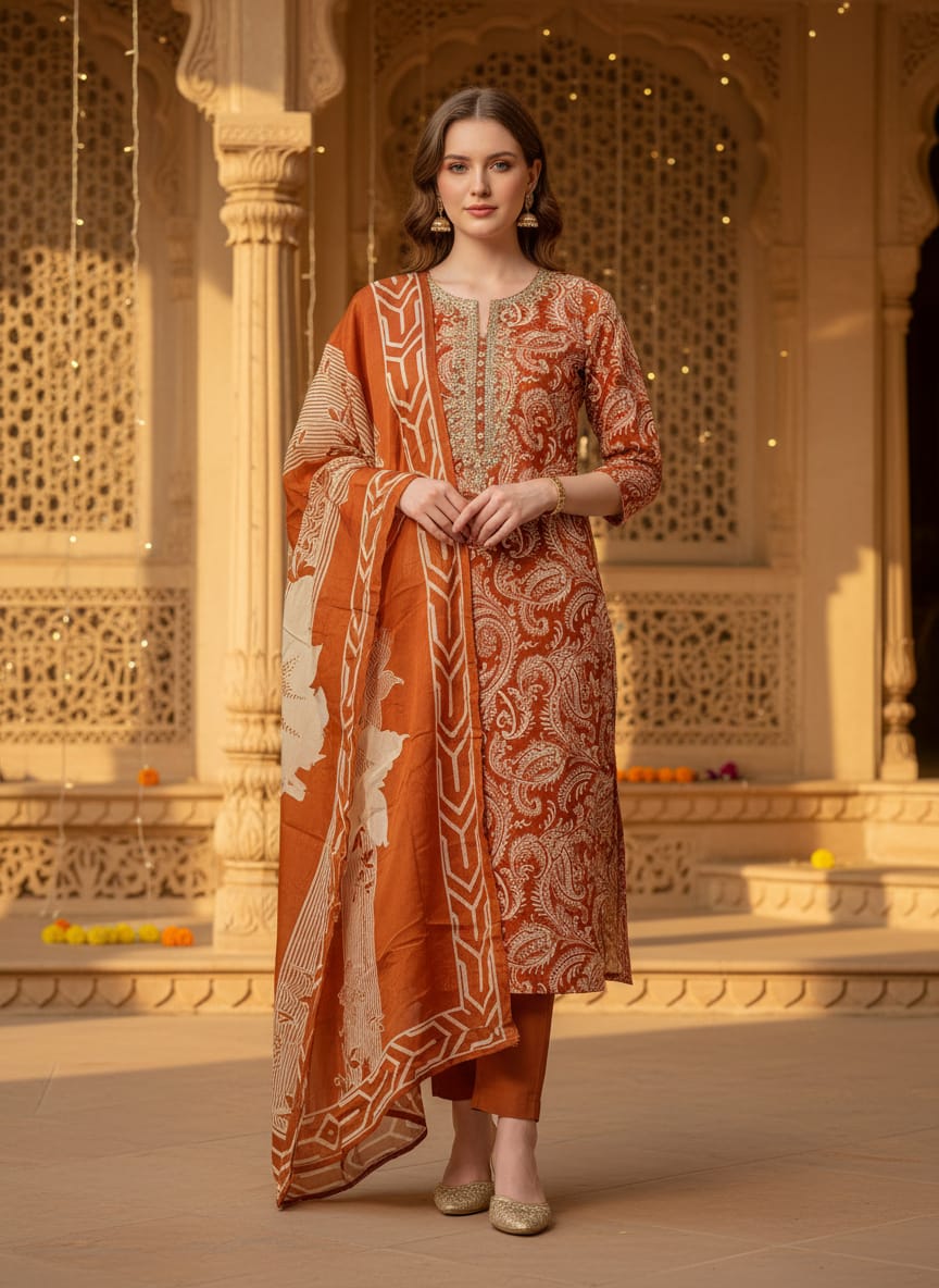 Rust Festive Charm Pure Cotton Kurti Set