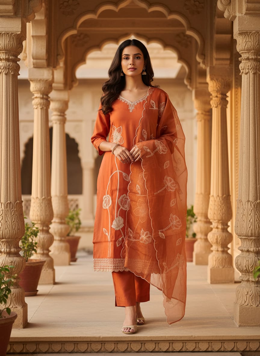 Sunset Orange Festive Imported Silk Party wear 3 pcs Kurti Set