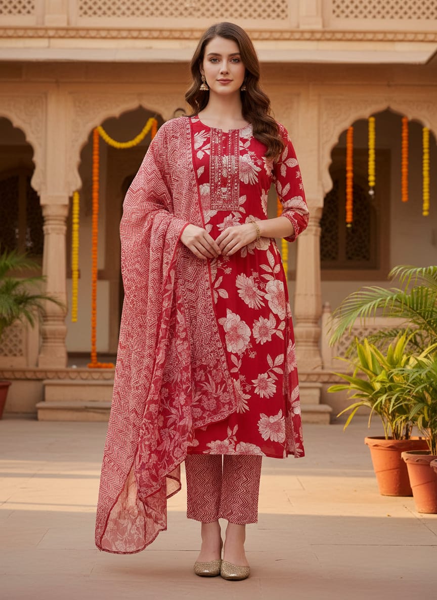 Ruby Bloom 3 Pcs  Cotton Kurti Set