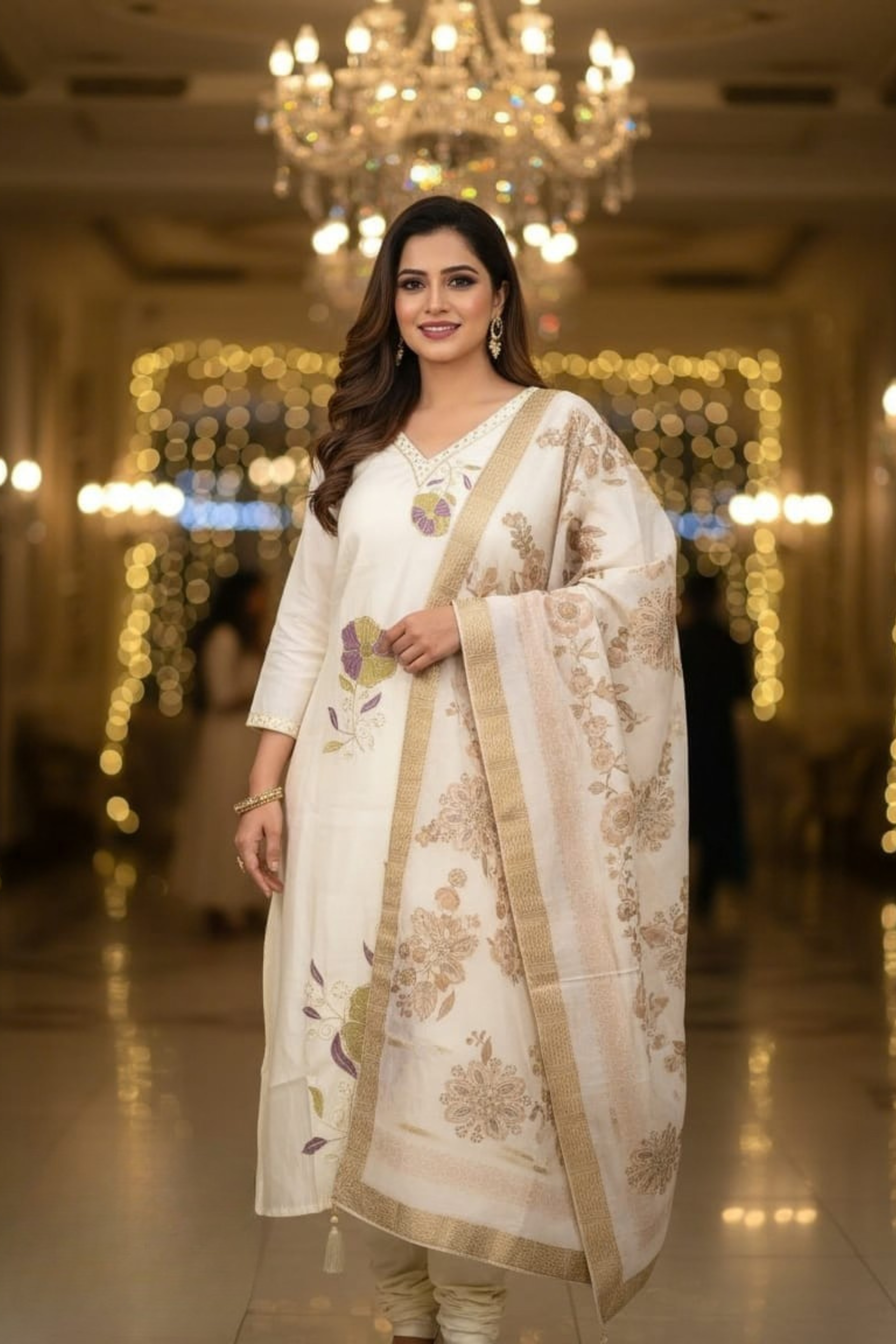 Ivory Bloom Party Wear Silk Suit 3 Pcs Set