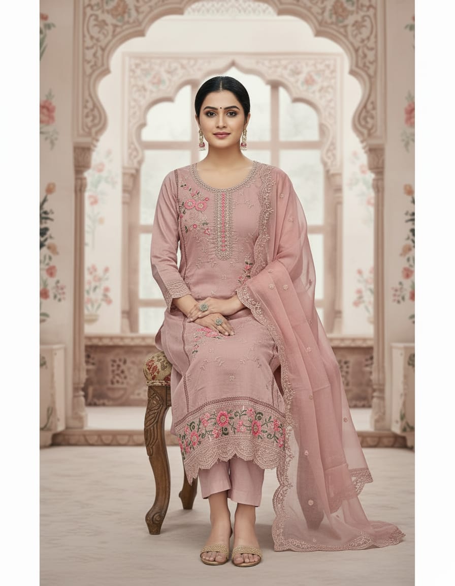 Party Wear Silk Cotton 3 Pcs Suit