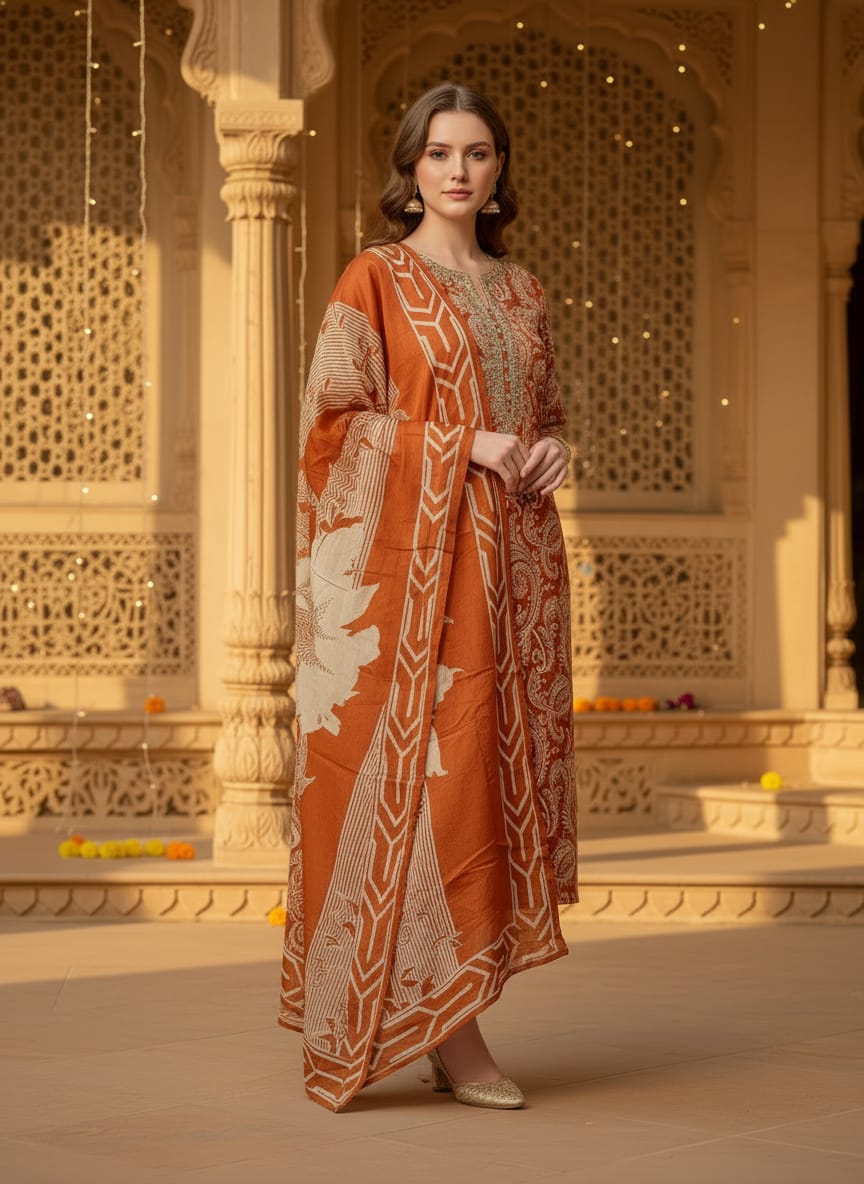 Rust Festive Charm Pure Cotton Kurti Set