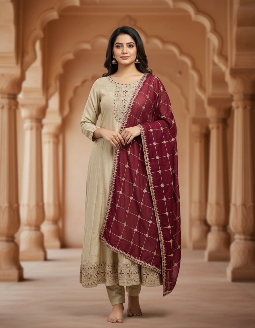 Silk With Zari Work 3 pcs Gown Suit