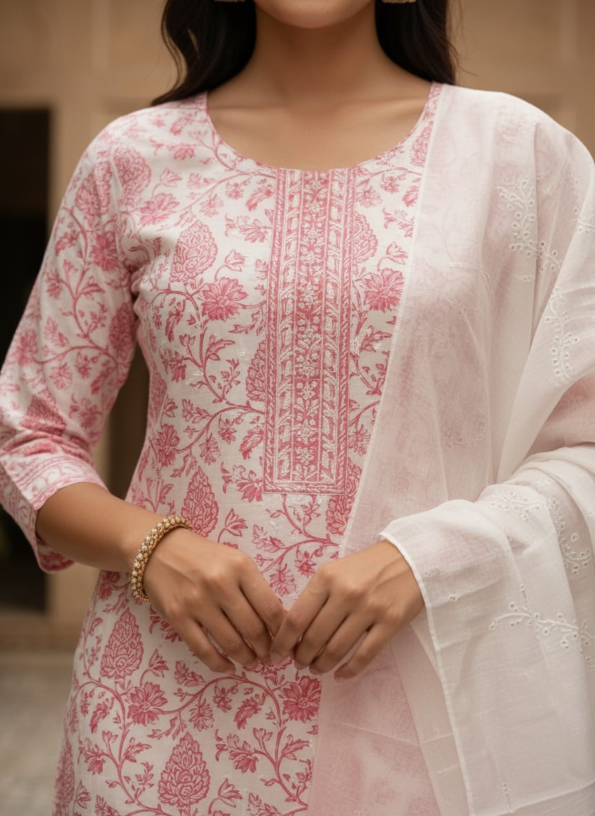 Rose Ivory Elegant Cotton 3 pcs Kurti Set