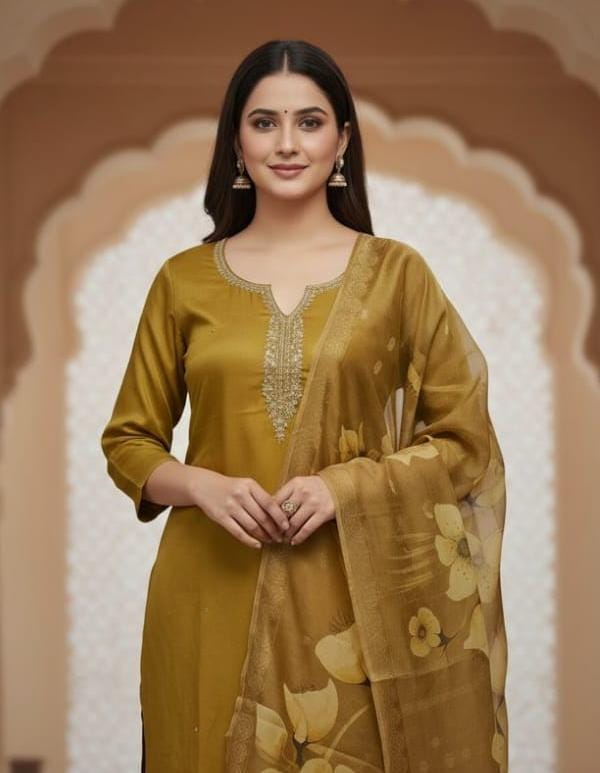 Grace Embroidered Silk Party wear Fabric 3 Pcs Kurti Set with Dupatta