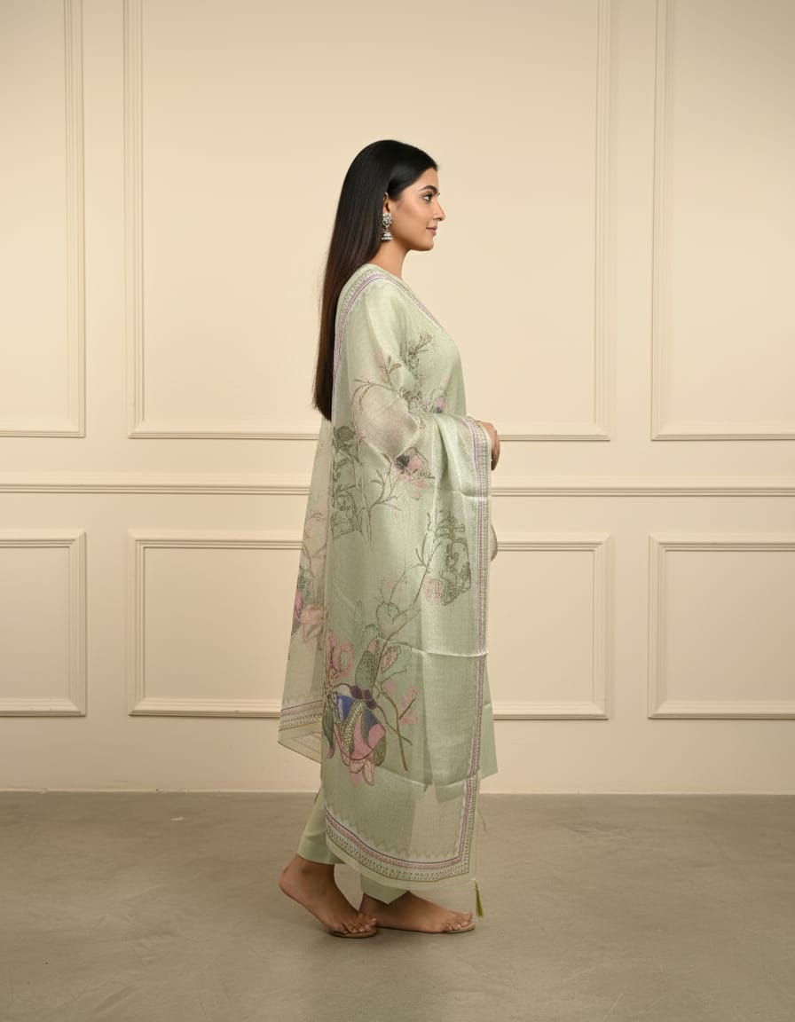 Mint Blossom Silk Party Wear 3 Pcs Kurti Set