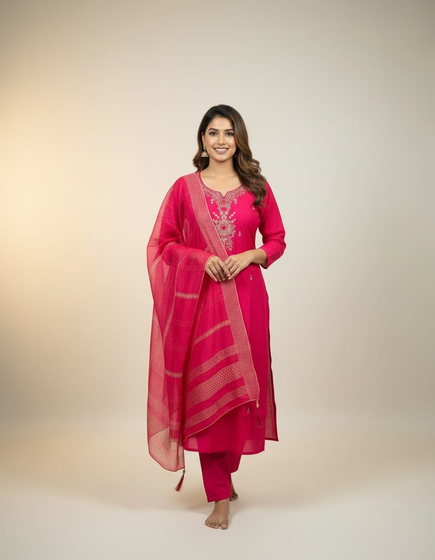 Rani Pink Grace Silk Cotten 3 pcs Kurti Set