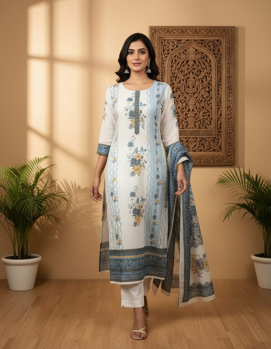 Blue Blossom Imported Chikanwork 3pcs Kurti Set