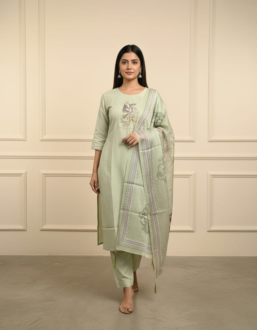 Mint Blossom Silk Party Wear 3 Pcs Kurti Set