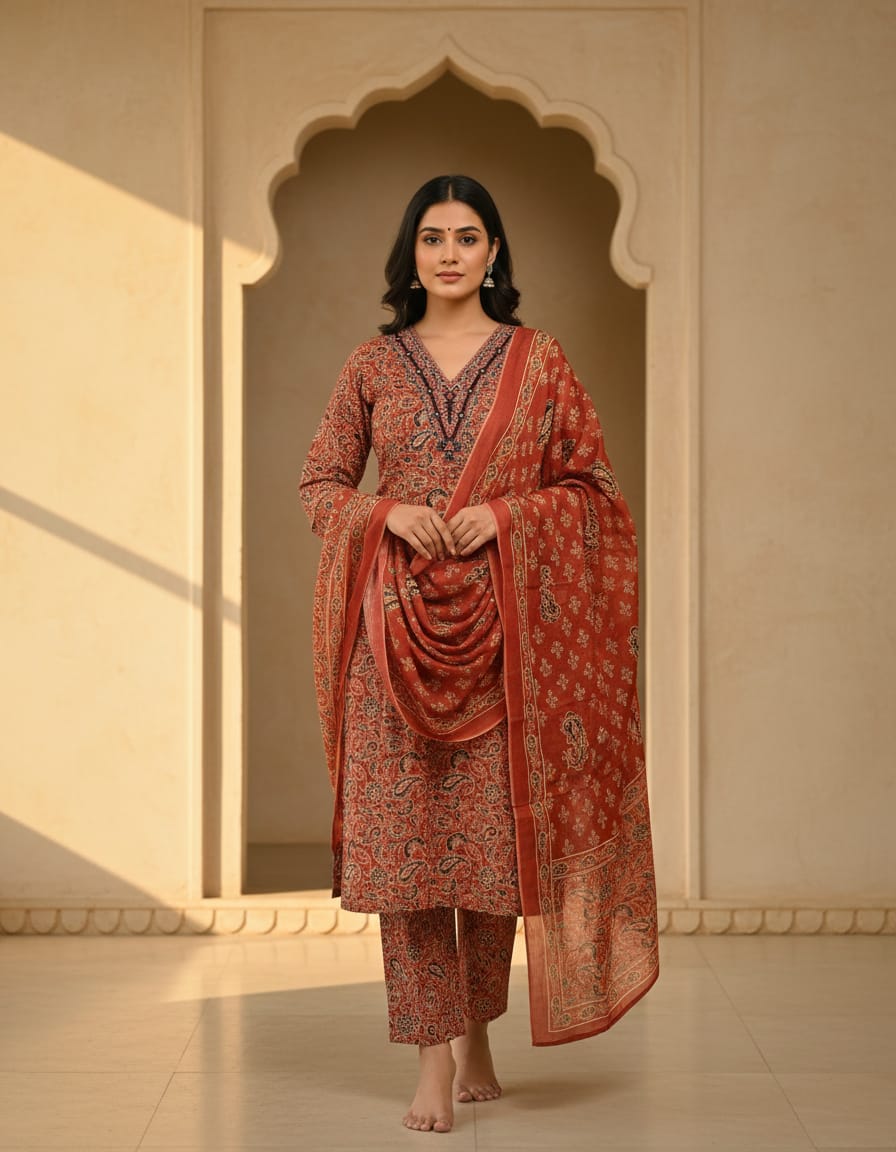 Rust Royal Organic Pure Cotton Printed 3 pcs Kurti Set