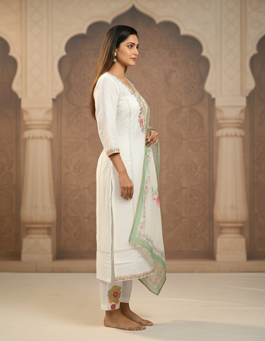 Ivory Blossom Chikan Cotton Work 3 Pcs Set Kurti Set