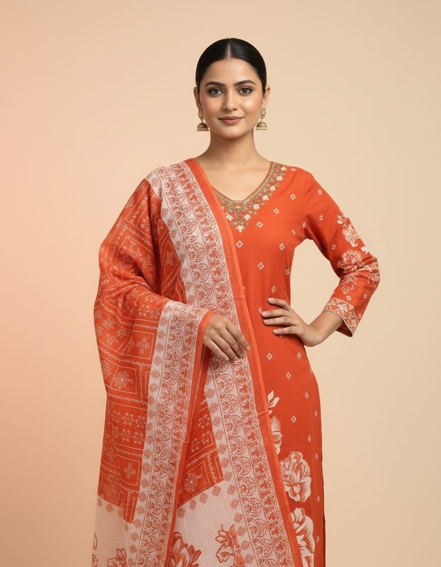 Rust Elegance 3 pcs Fine Cotton Kurti Set