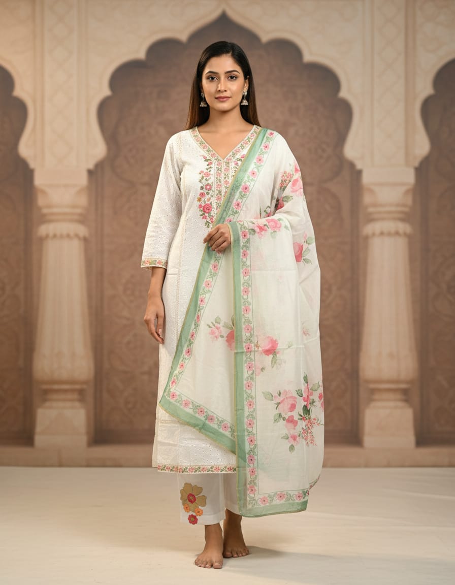 Ivory Blossom Chikan Cotton Work 3 Pcs Set Kurti Set