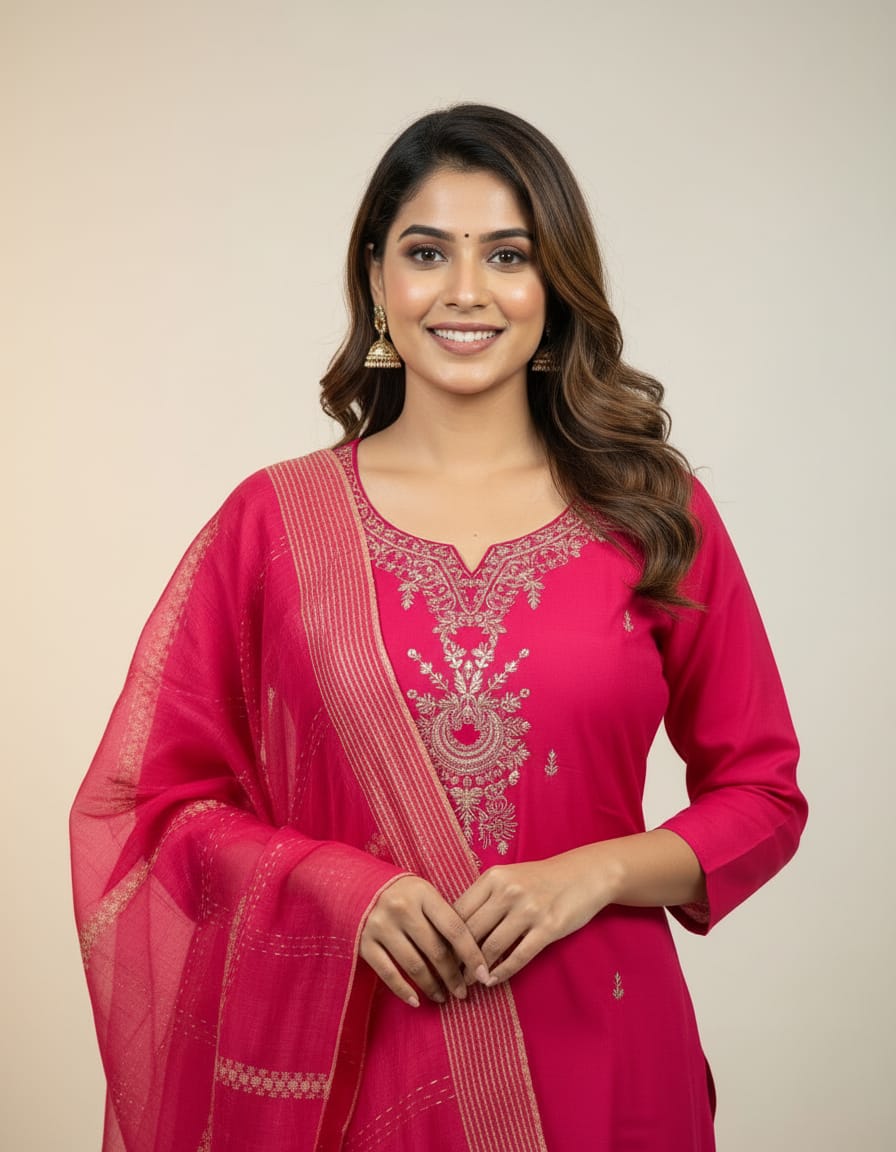 Rani Pink Grace Silk Cotten 3 pcs Kurti Set