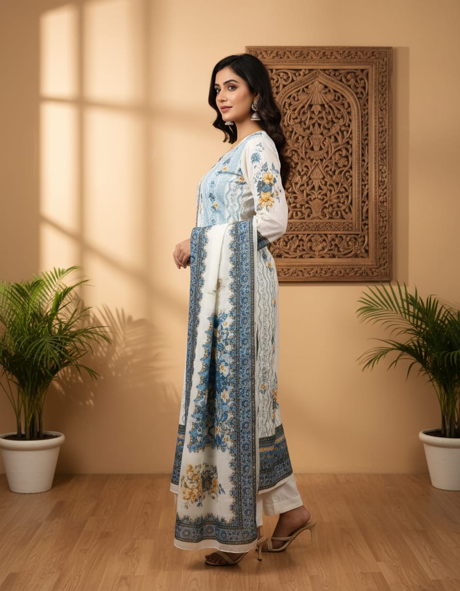 Blue Blossom Imported Chikanwork 3pcs Kurti Set