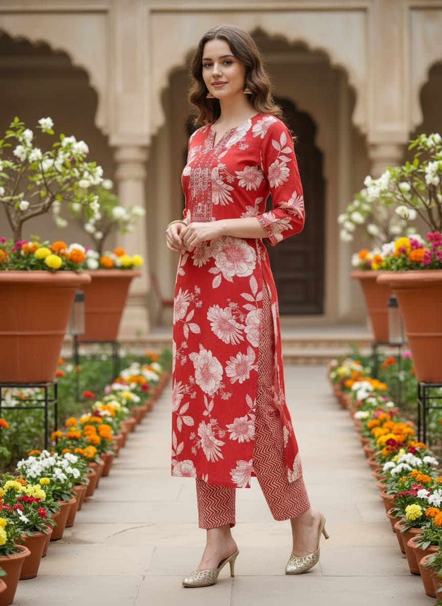 Ruby Bloom 3 Pcs  Cotton Kurti Set
