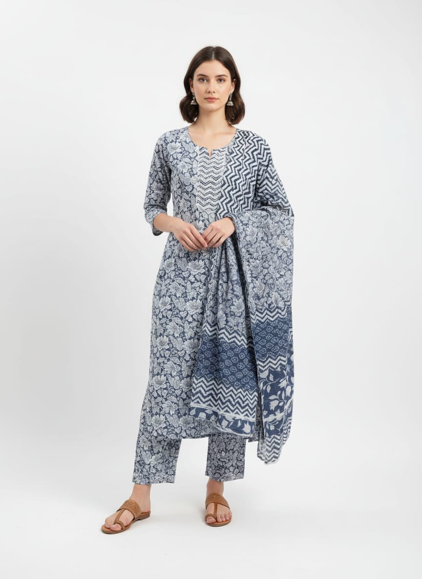 Indigo Bloom 3 pcs Cotton Kurti Set With Cut Dana Work