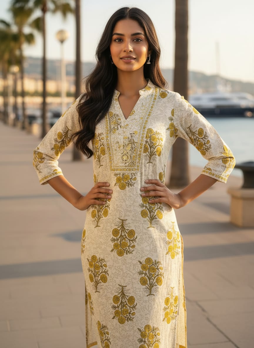 Golden Bloom 3Pcs Cotton Kurti Set