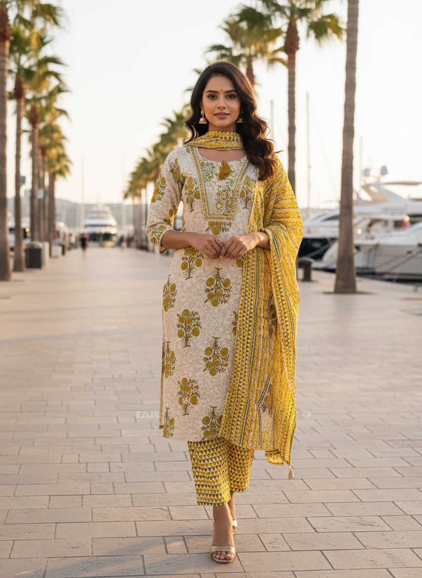 Golden Bloom 3Pcs Cotton Kurti Set