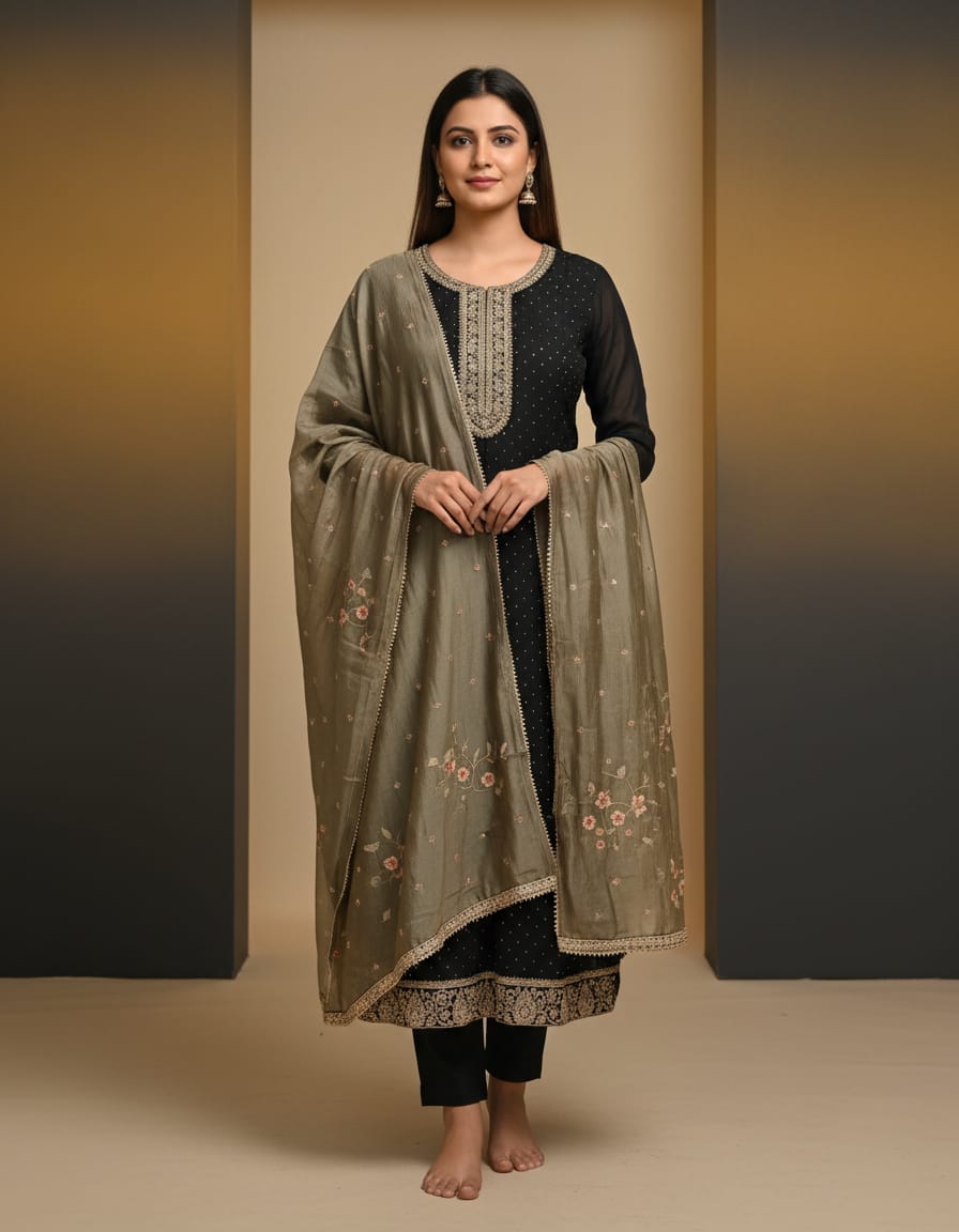 Georgette fabric Zari Work Gown look 3 pcs