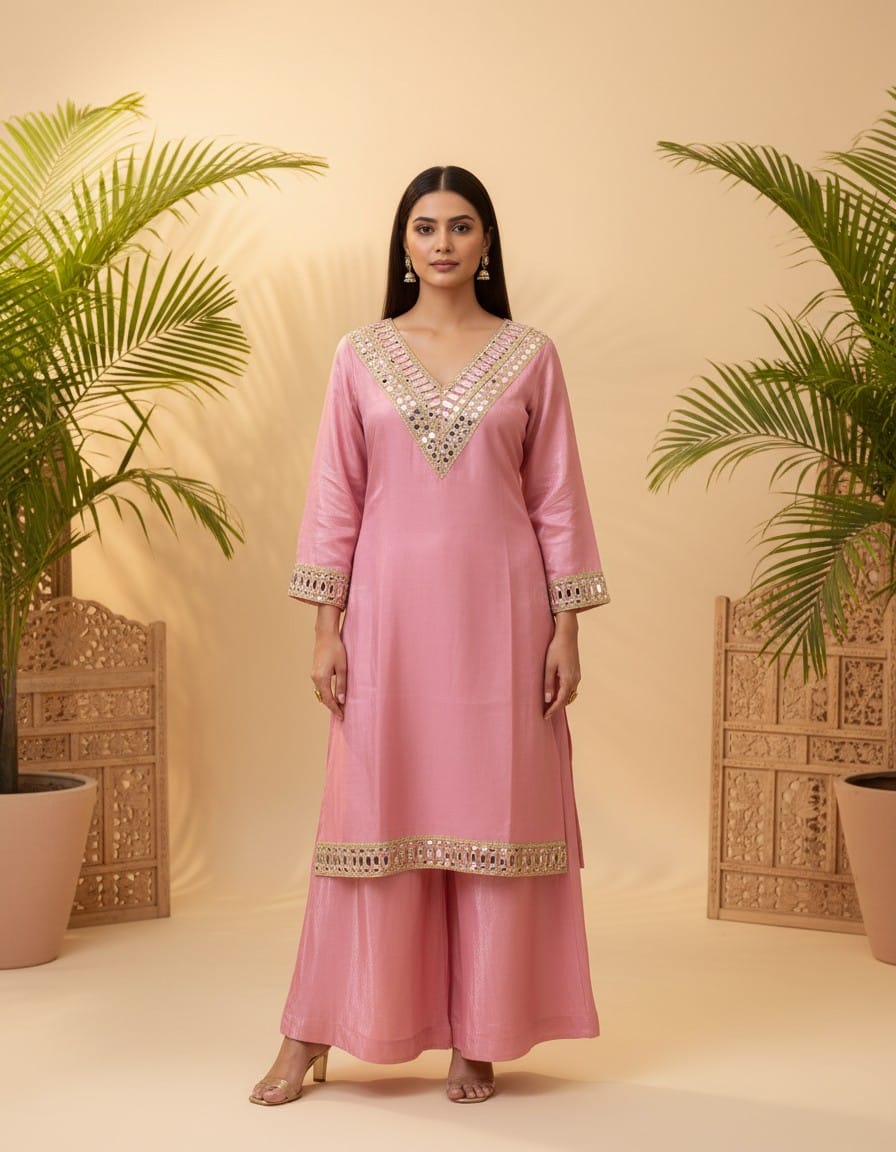Summer Silk Party Wear with Mirror Work Suit