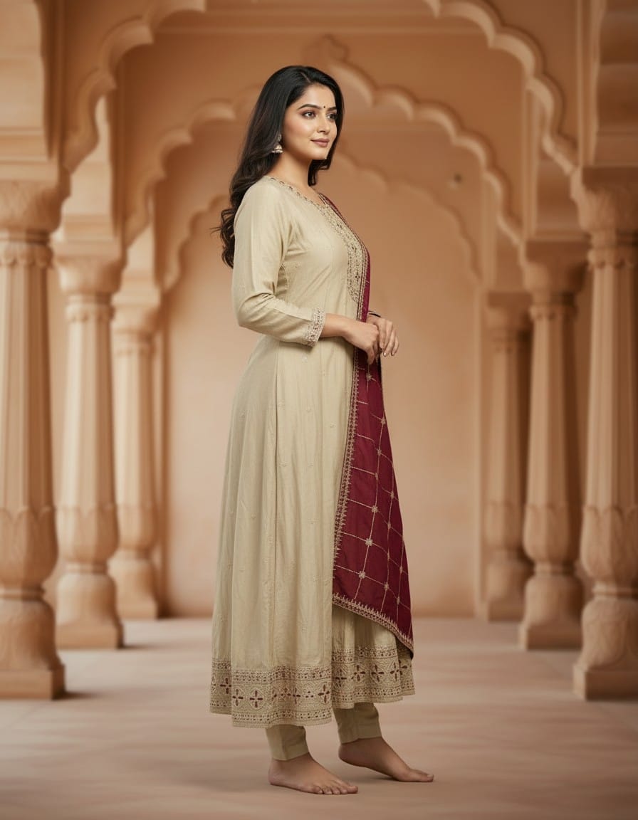 Silk With Zari Work 3 pcs Gown Suit